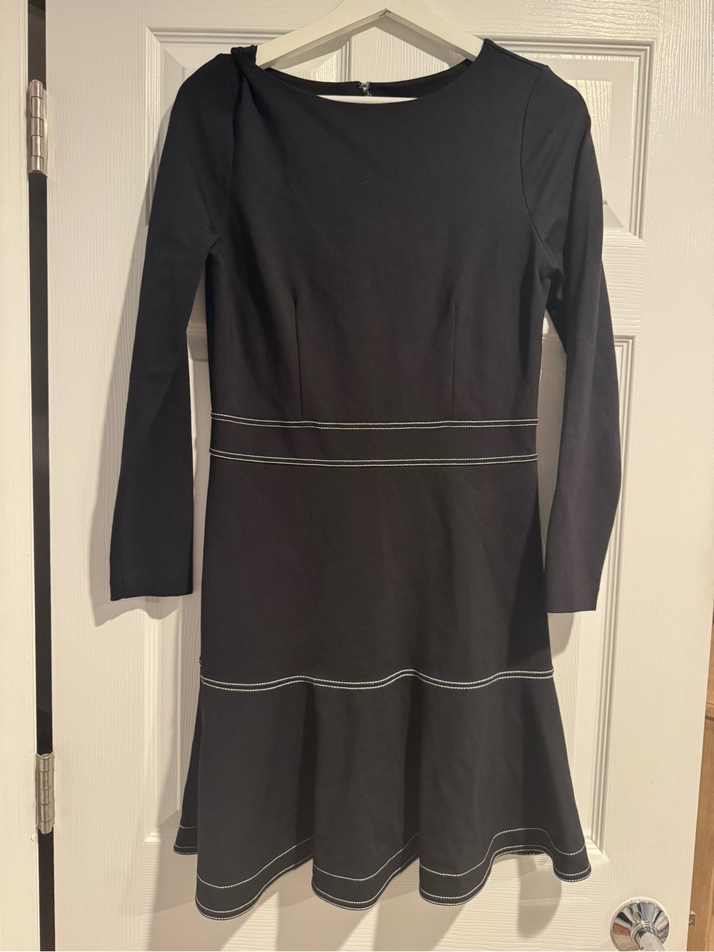 Ann Taylor Black Long-Sleeve Fit-and-Flare Dress with Contrast Stitching